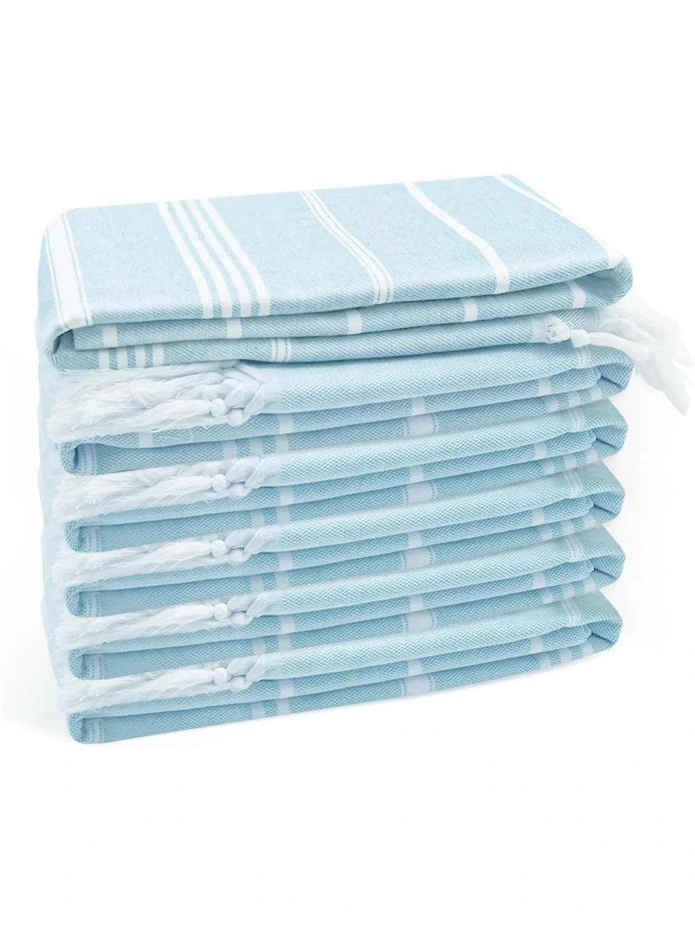 Light Blue Striped Turkish Cotton Hand Towels - Set of 6